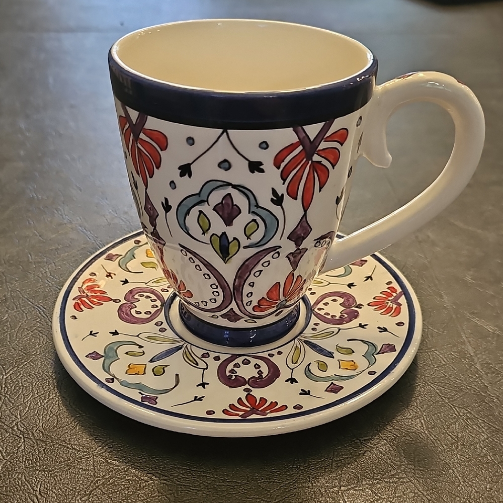 Hand Crafted Hand Painted Mexican Ceramic Cup and Saucer.